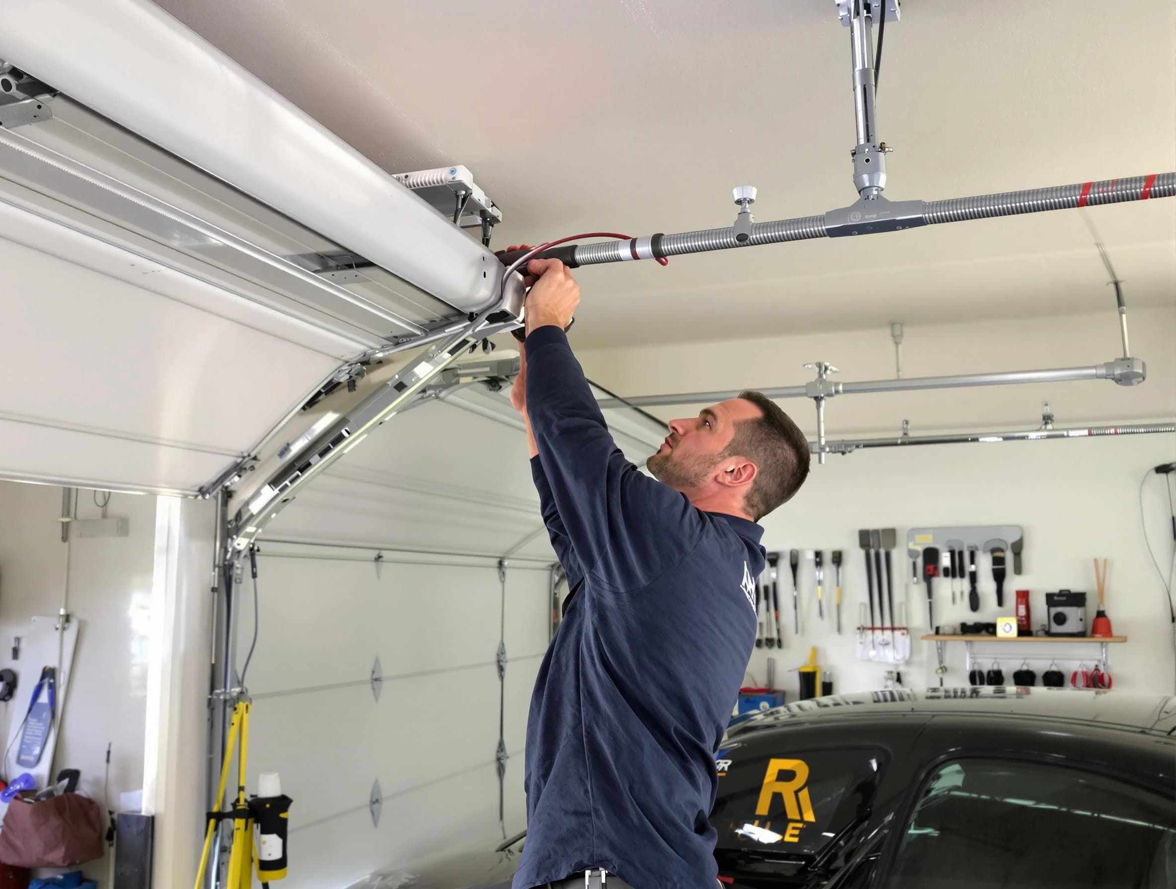 Cranston Garage Door Repair technician performing garage door cable repair in Cranston