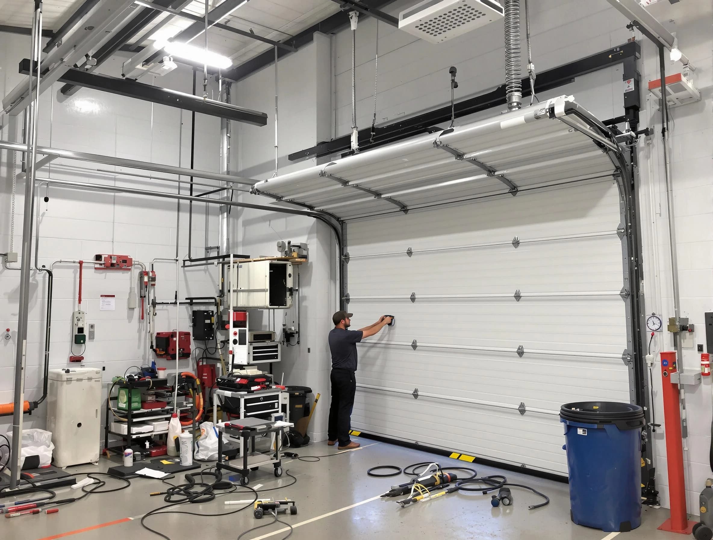 Cranston Garage Door Repair certified technician performing commercial door repair at a Cranston business facility