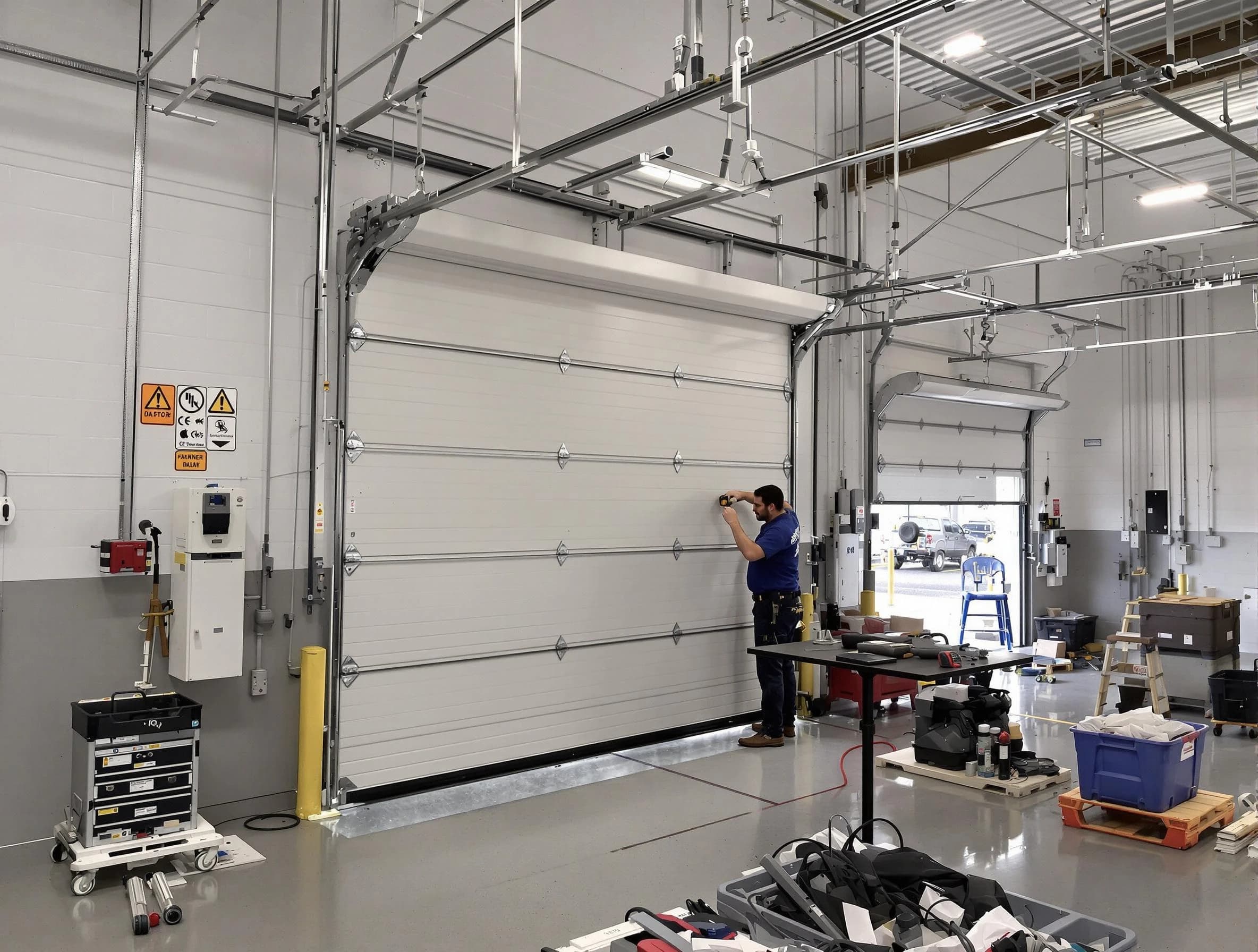 Commercial garage door repair being performed by Cranston Garage Door Repair expert in Cranston