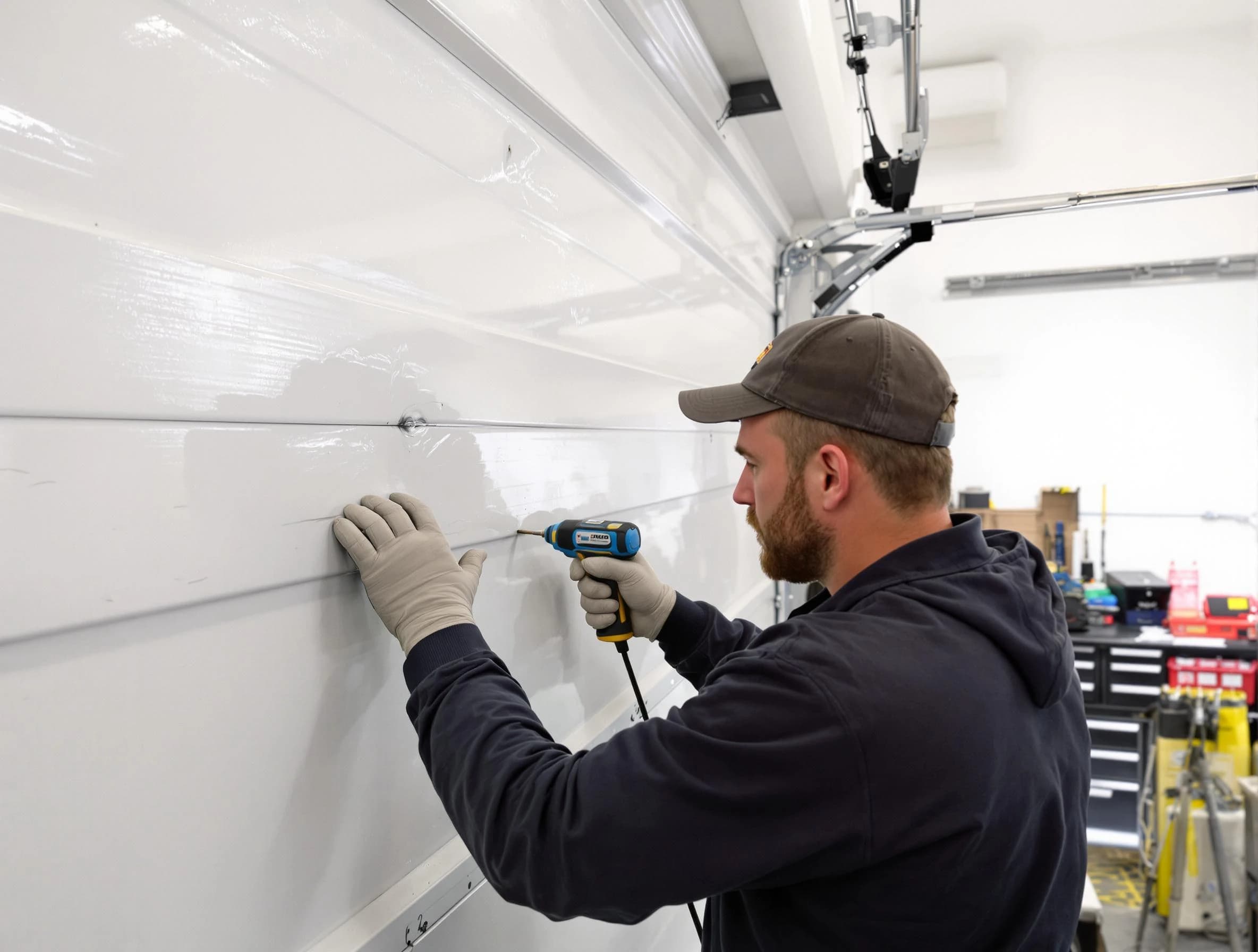 Cranston Garage Door Repair technician demonstrating precision dent removal techniques on a Cranston garage door