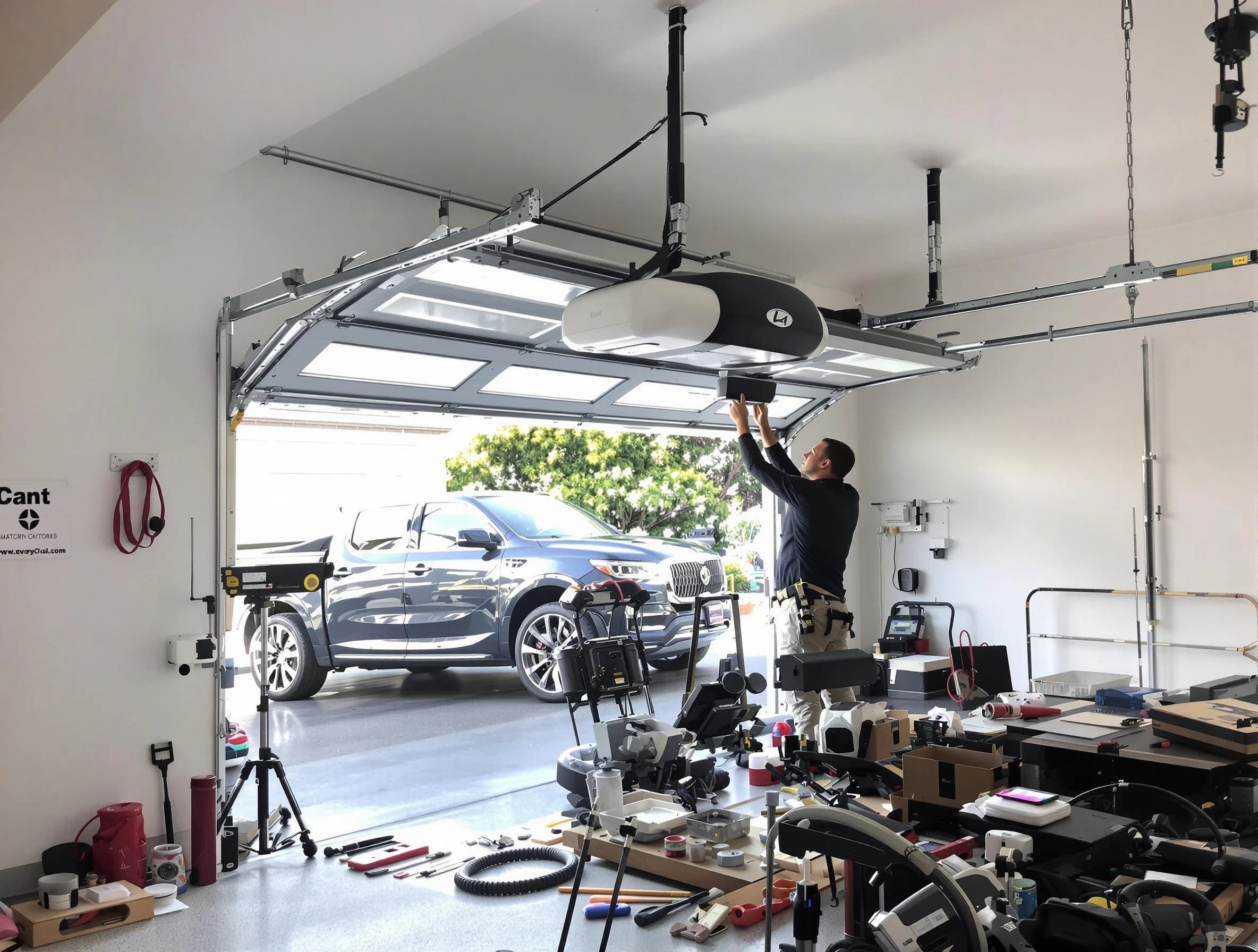 Cranston Garage Door Repair specialist installing smart garage door opener system in Cranston home