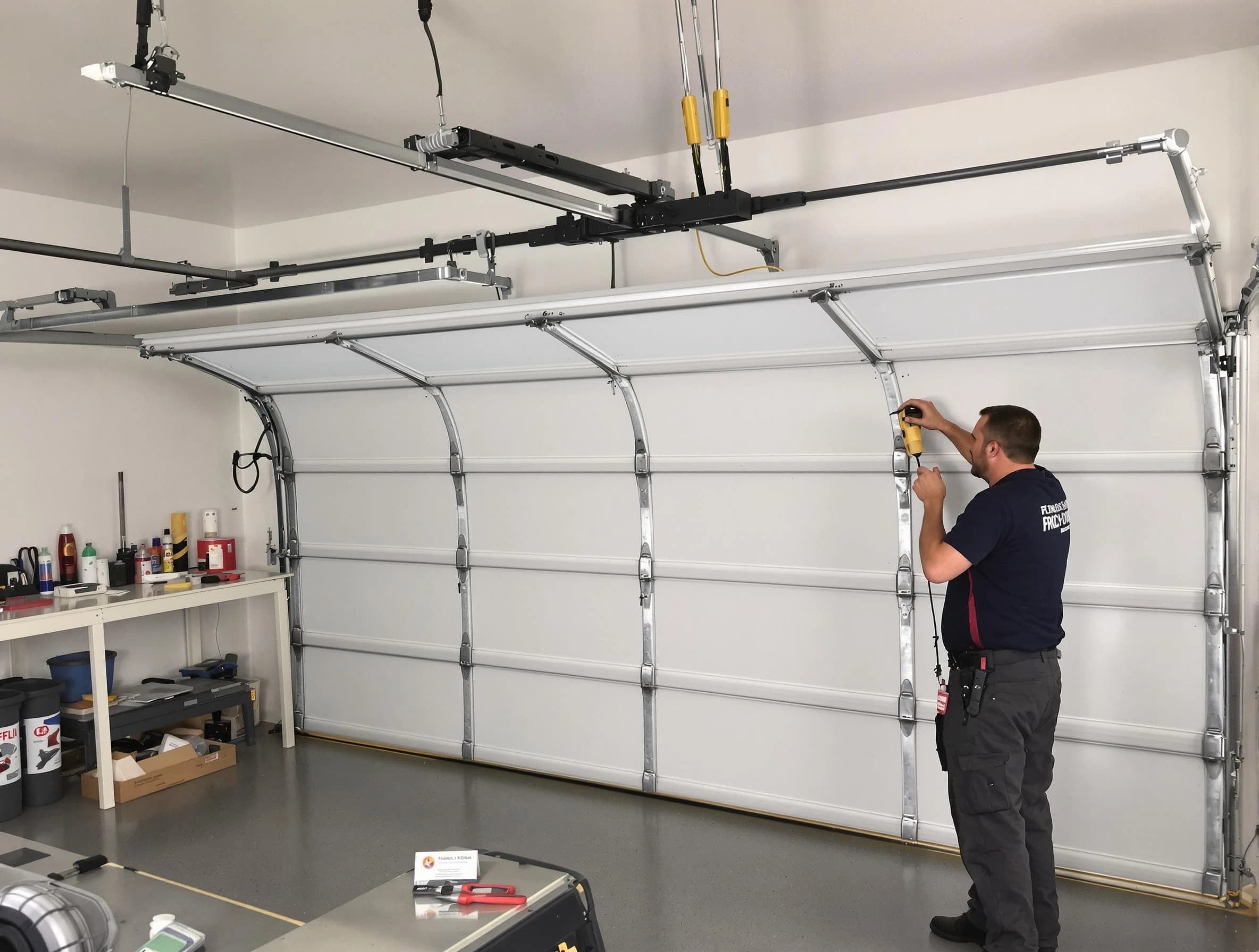 Cranston Garage Door Repair certified technician performing overhead door system repair in Cranston