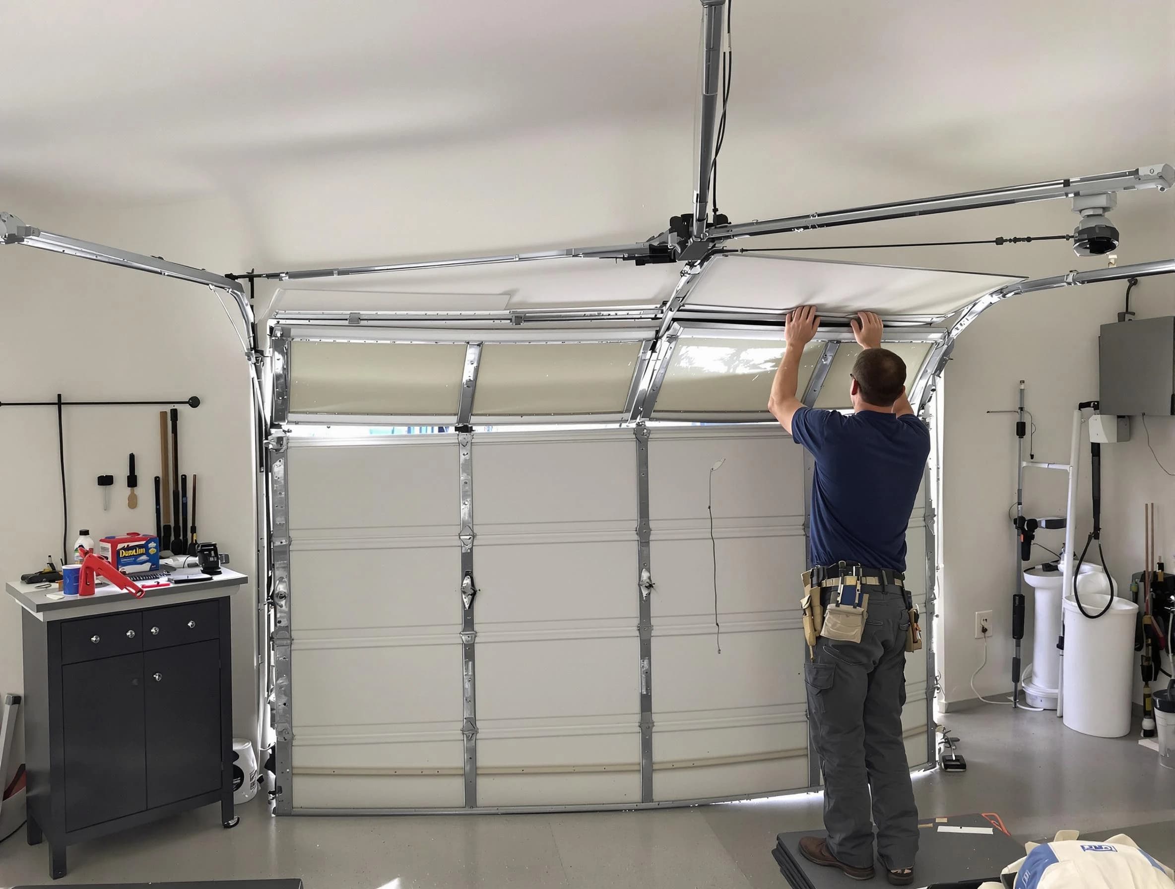 Cranston Garage Door Repair specialist performing precise section replacement on Cranston garage door