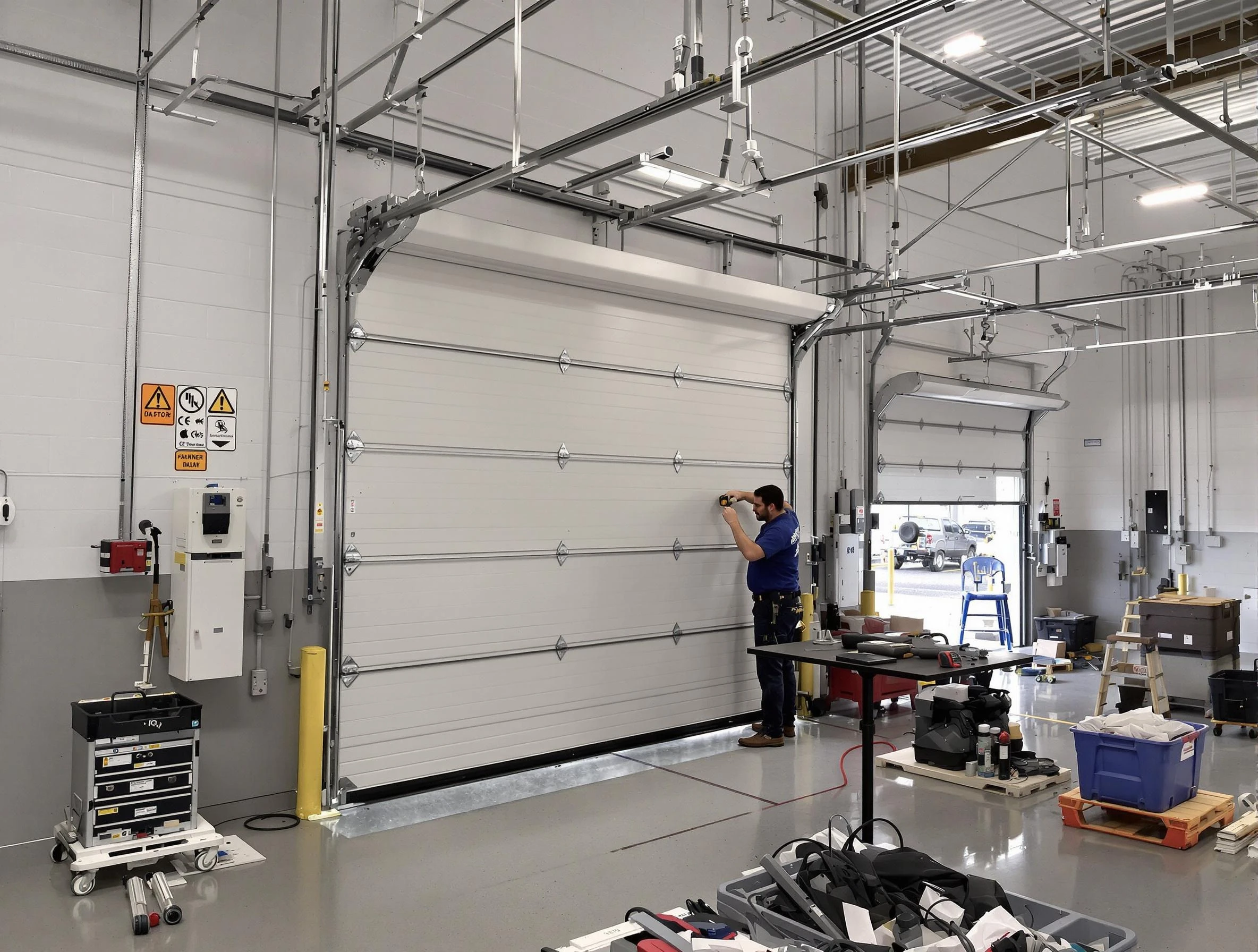 Commercial garage door repair being performed by Cranston Garage Door Repair expert in Cranston