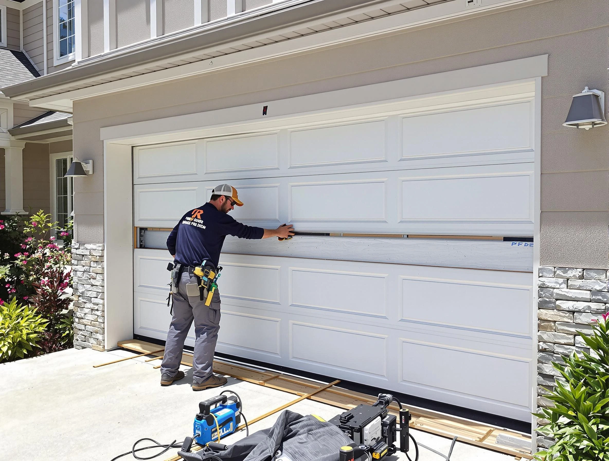 Cranston Garage Door Repair team performing complete garage door replacement at Cranston residence