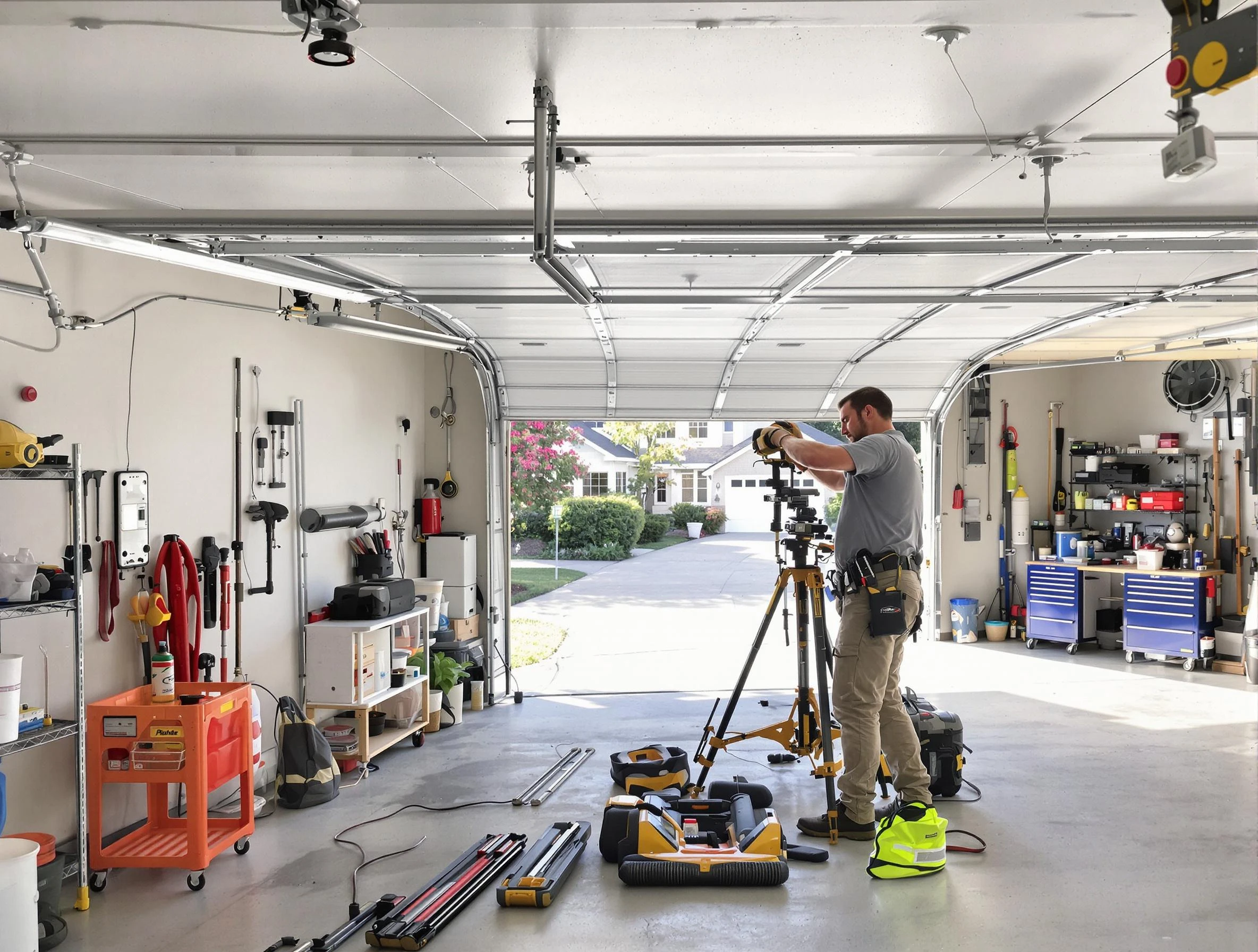 Cranston Garage Door Repair specialist performing laser-guided track alignment in Cranston